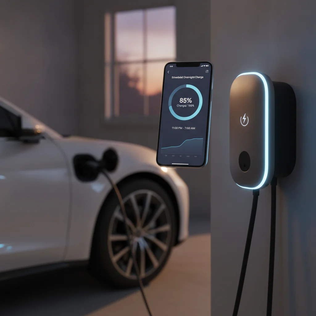 Smartphone app showing scheduled overnight EV charging session with active Level 2 charger connected.