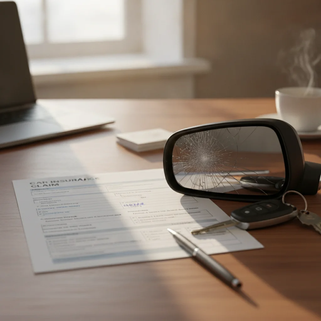 Car insurance claim form on desk next to car keys and a damaged side mirror