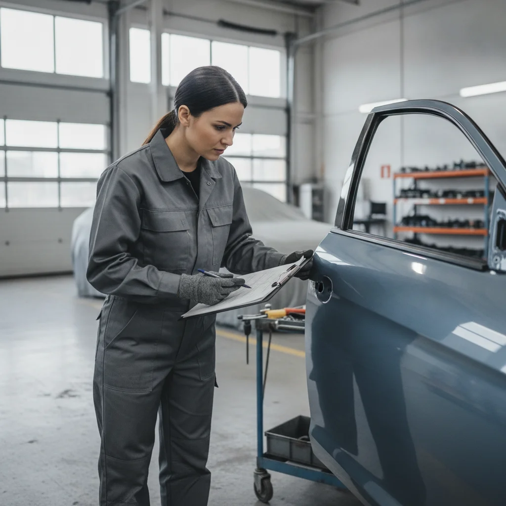 Auto body technician reviewing repair notes on a clipboard while inspecting a car door