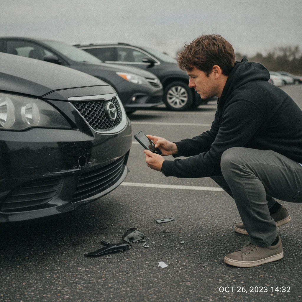 Driver using smartphone to photograph collision damage on a car in a parking lot