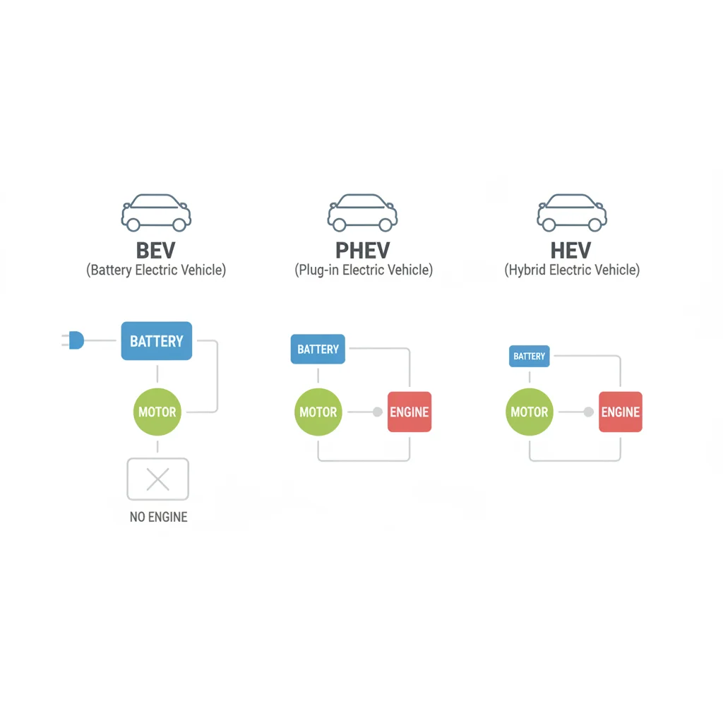 Side-by-side diagram comparing BEV, PHEV, and HEV powertrain components and configurations