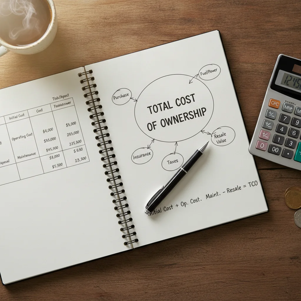 Notebook with total cost of ownership calculations for electrified vehicles alongside a calculator and pen
