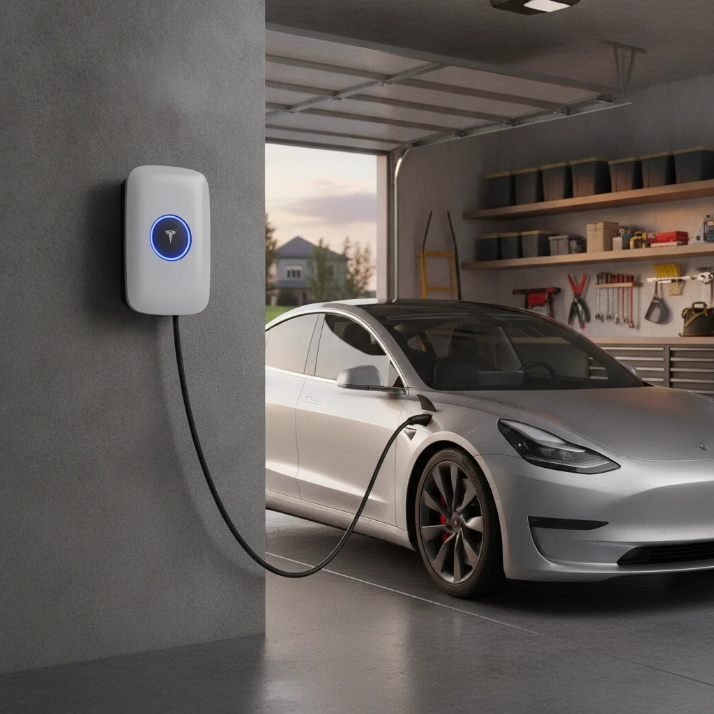 Level 2 home EV charger mounted in a residential garage with cable connected to an electric vehicle