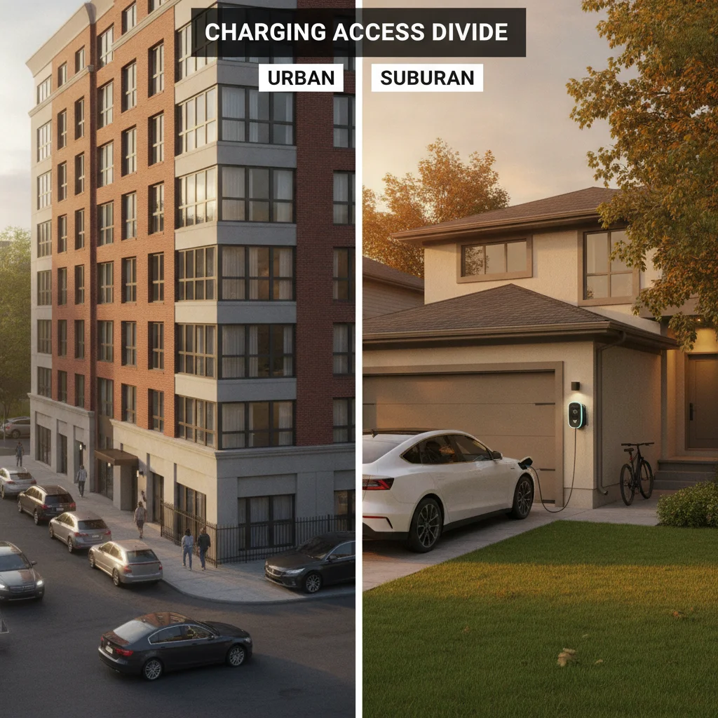 Contrast between apartment building without EV charging and suburban home with garage EV charger installed