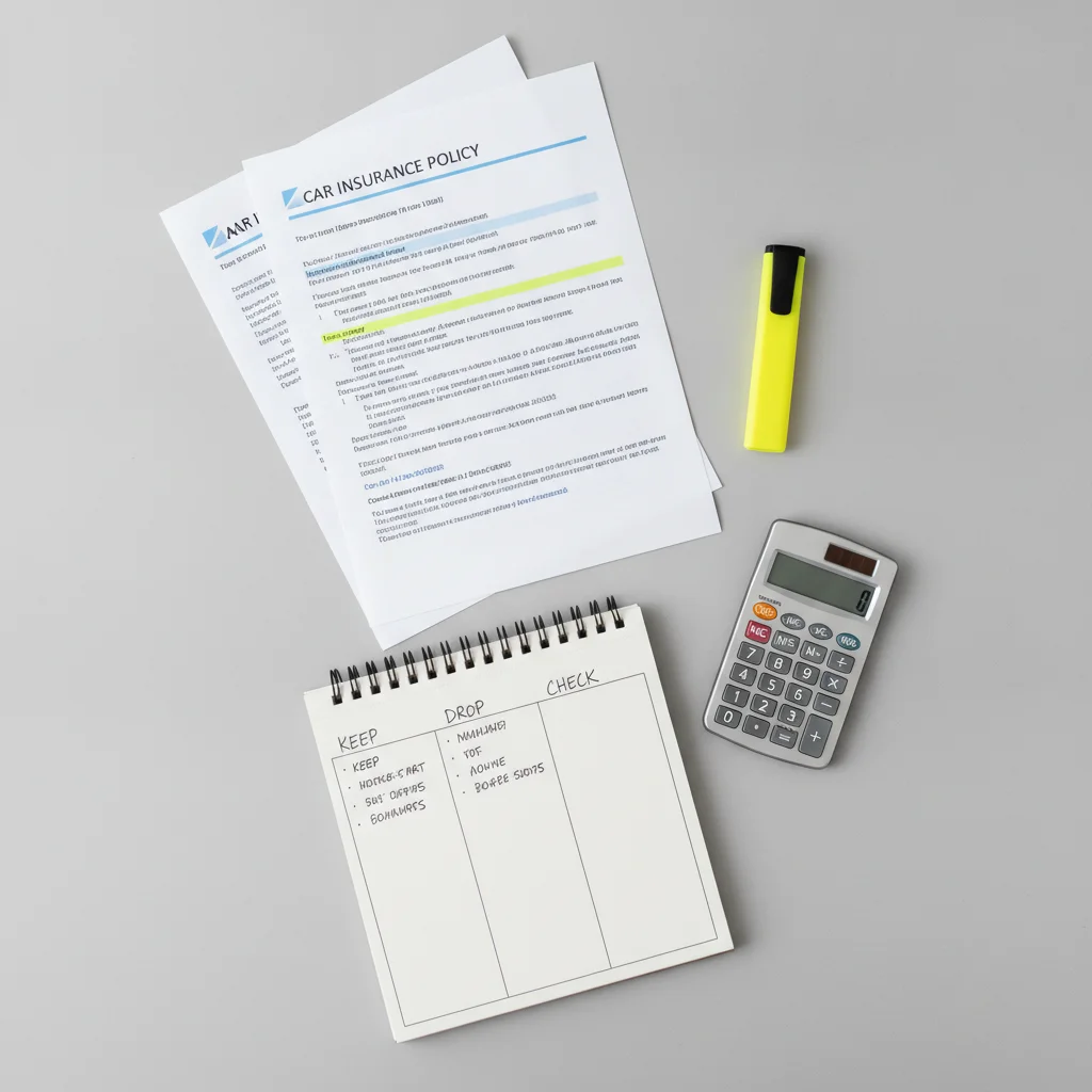 Car insurance documents laid out on a desk with a calculator and notebook for coverage review