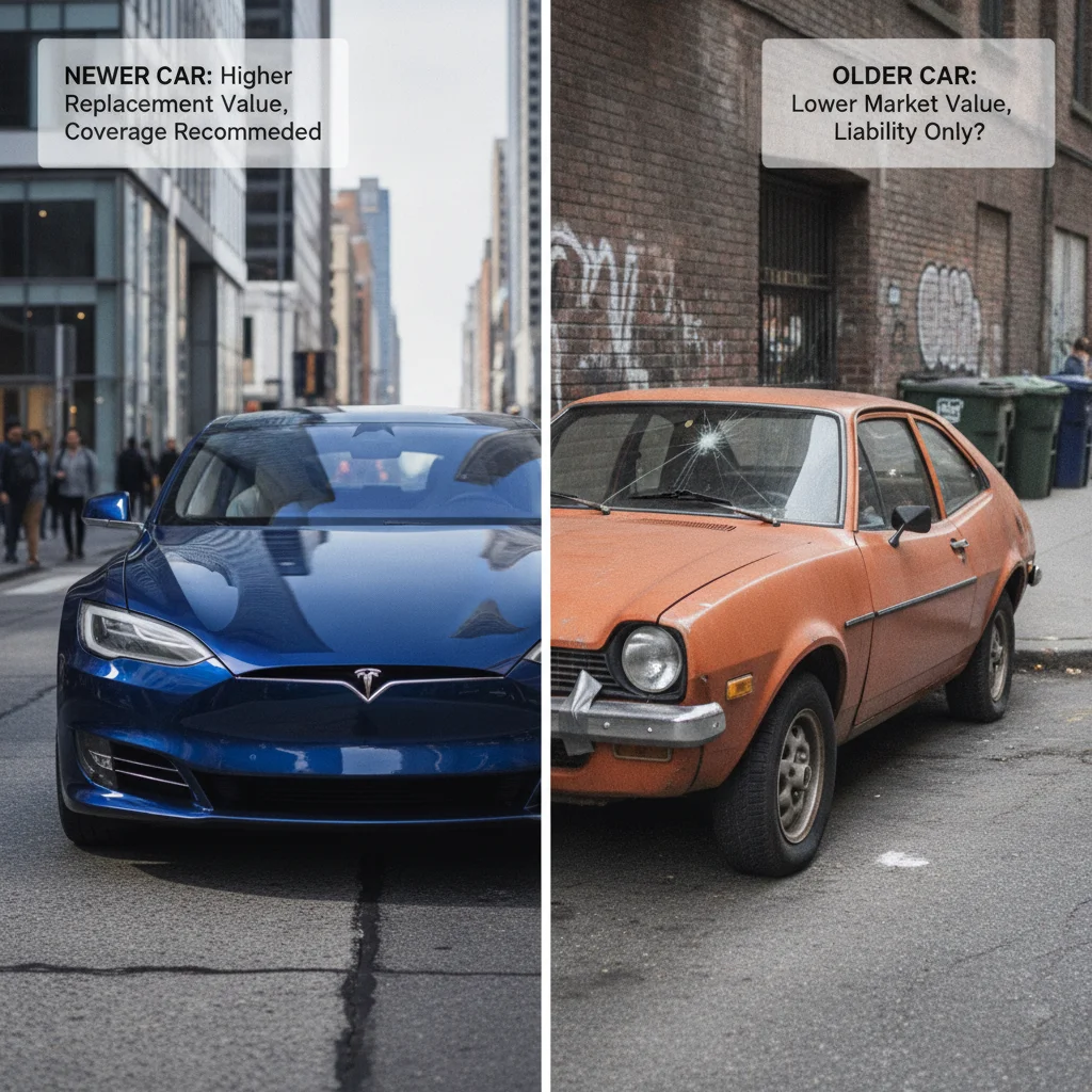 New car and older car parked side by side on a city street illustrating vehicle value differences