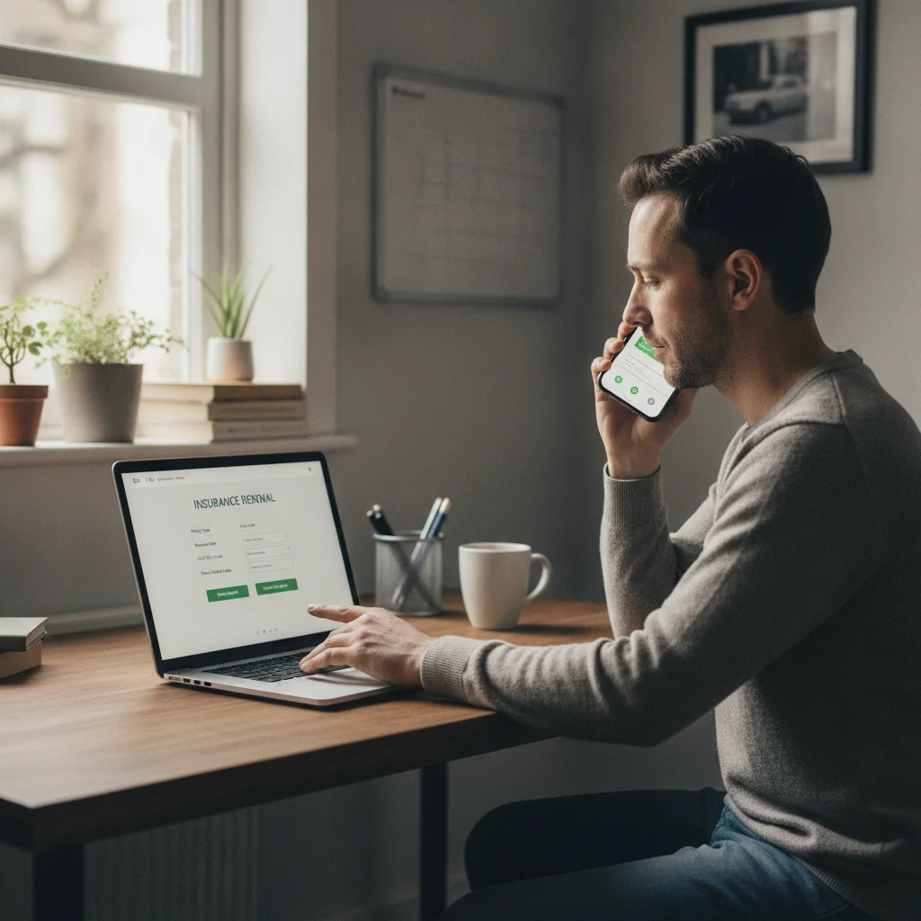 Person reviewing auto insurance policy on laptop while speaking with an insurance agent by phone