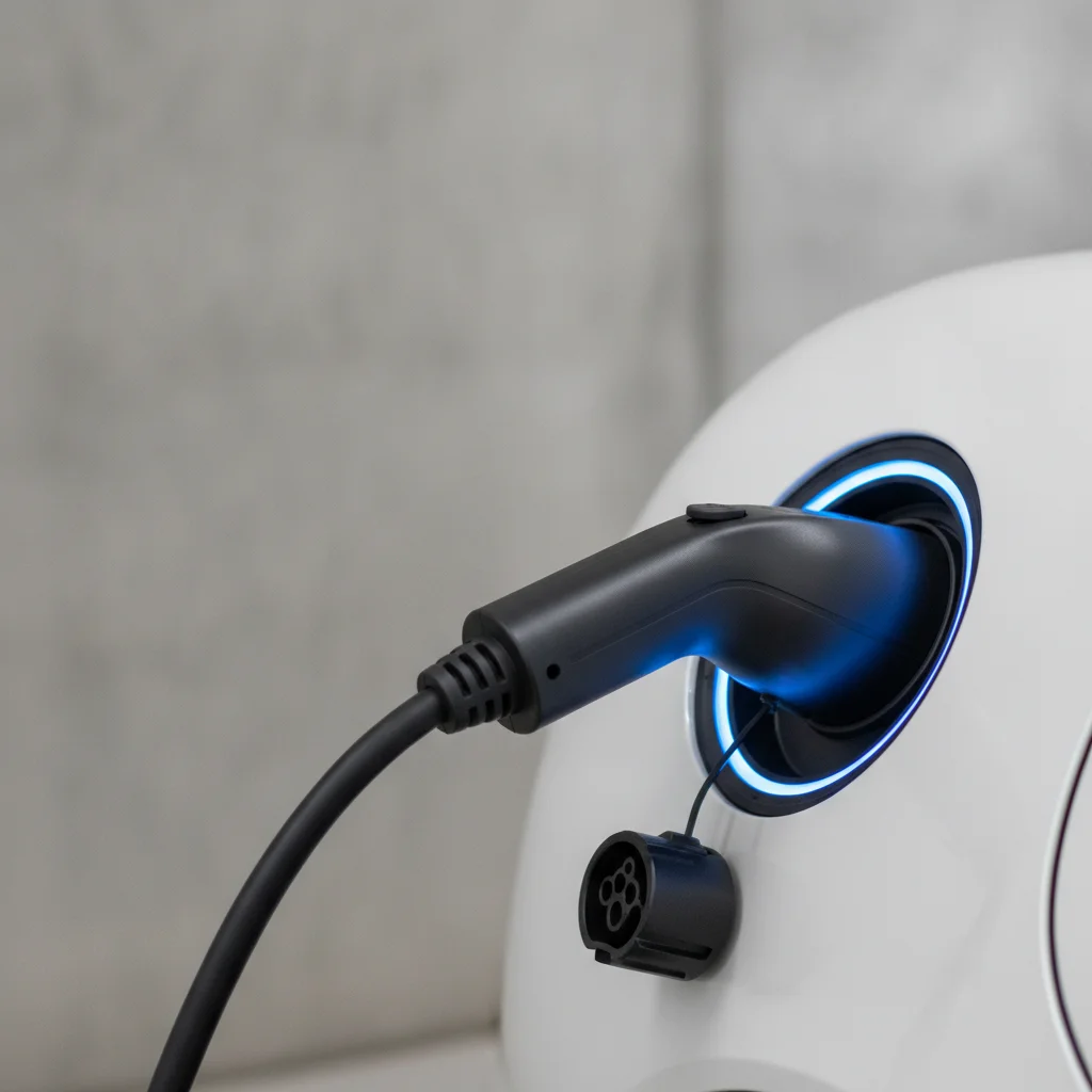Electric vehicle charging port with Level 2 cable connected and illuminated blue indicator ring.