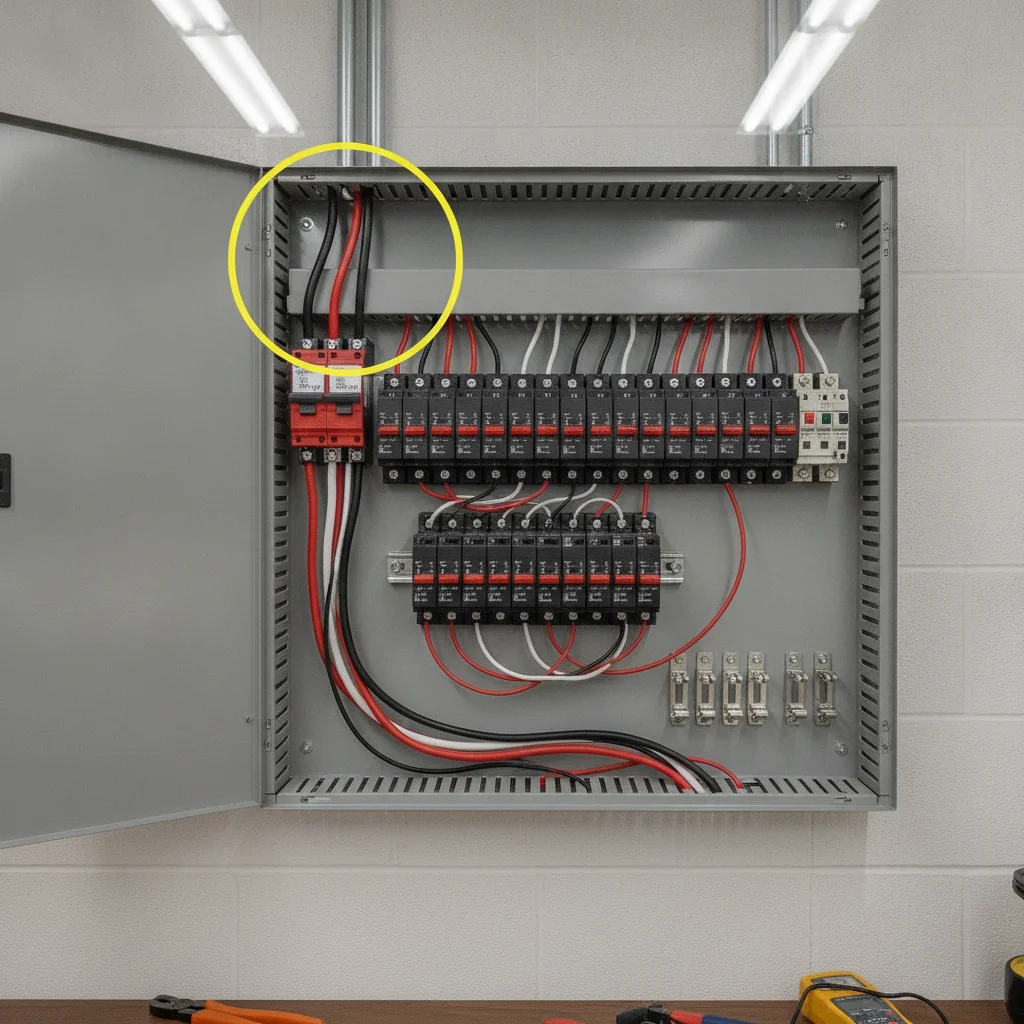 Residential electrical panel interior showing breakers, available slots, and a 60-amp double-pole breaker for EV charging.