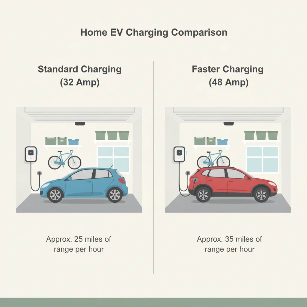Side-by-side illustration comparing a 32-amp and 48-amp home EV charger installation in residential garages.