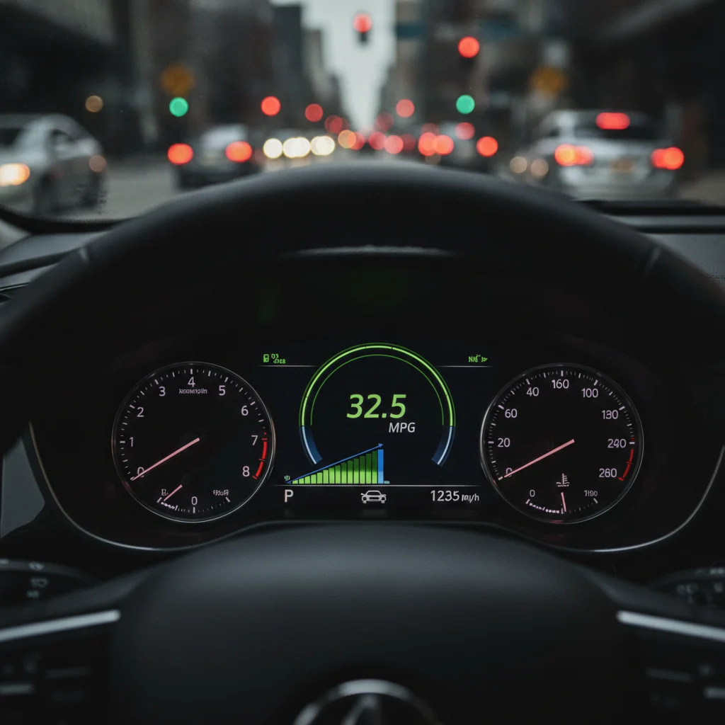 Car dashboard showing real-time fuel economy gauge in city driving conditions
