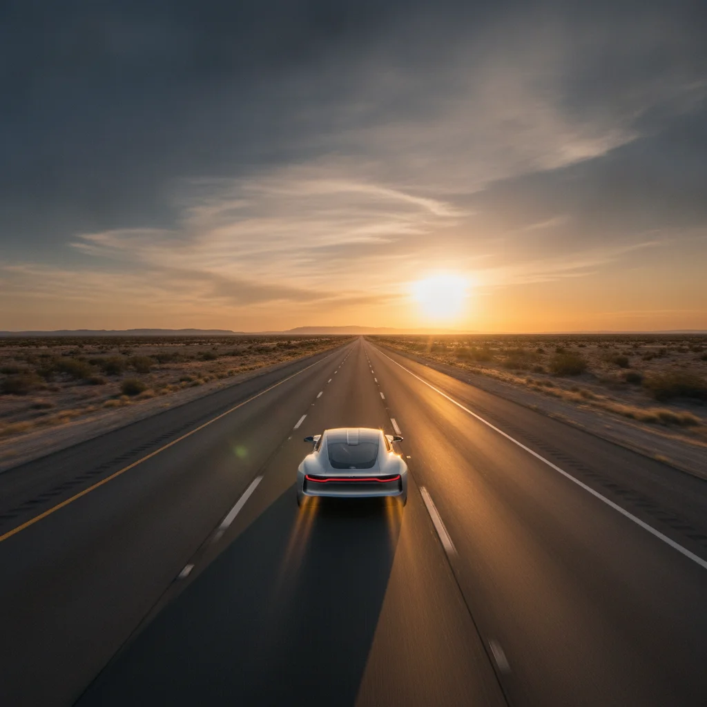 Car traveling on open interstate highway at sunset, representing sustained highway cruising efficiency