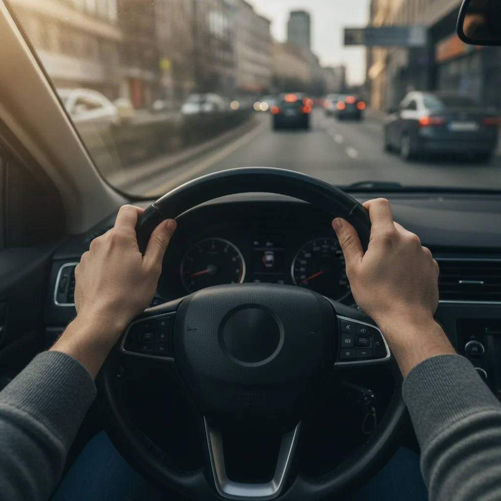 Driver's hands on steering wheel showing calm, controlled driving posture in urban traffic