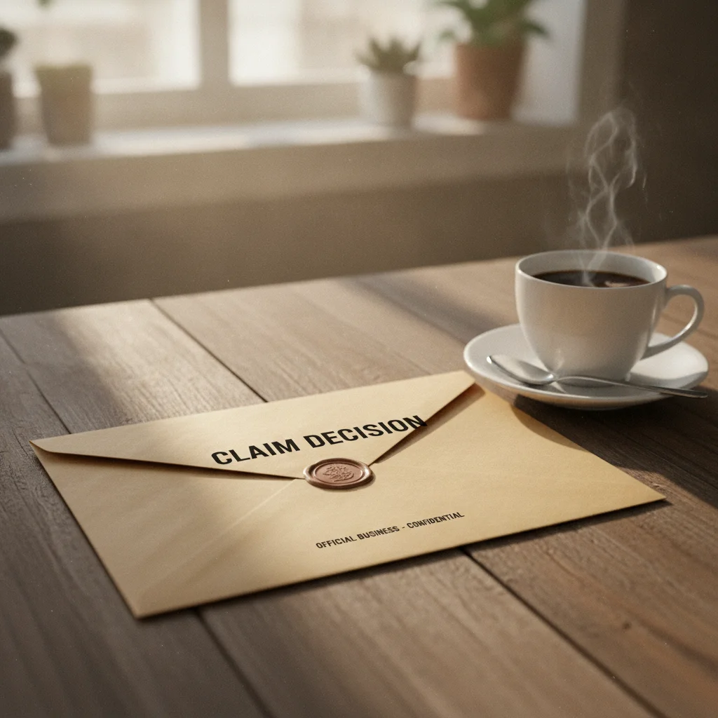 Official claim decision envelope resting on a wooden table beside a coffee cup in natural light.