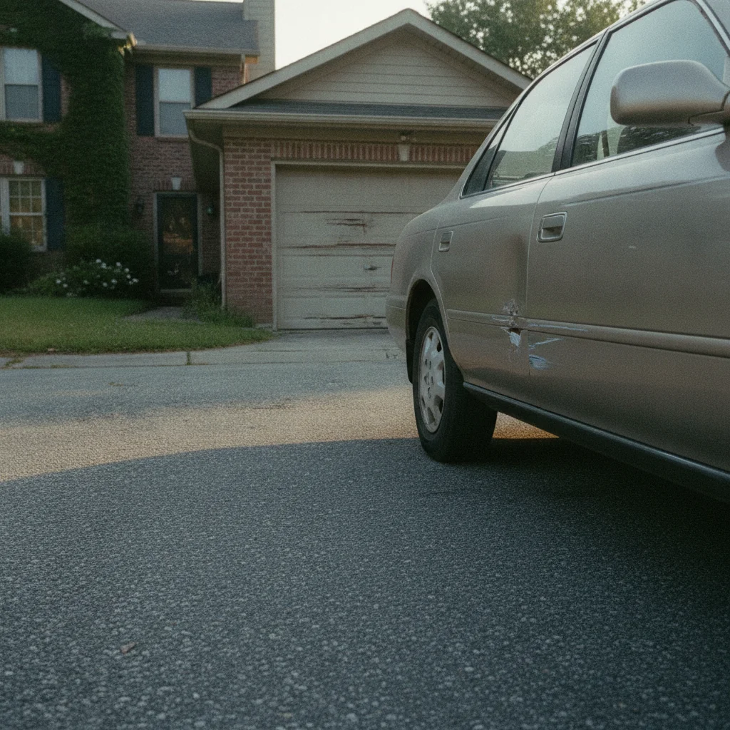 Car with a visible dent and scratch on the door panel photographed in soft afternoon light in a driveway.