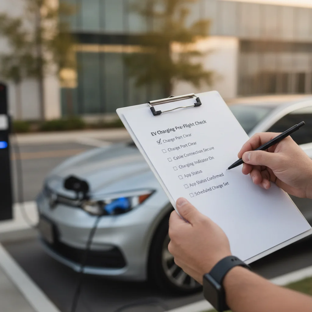 Person holding a checklist clipboard with an electric vehicle charging in the background