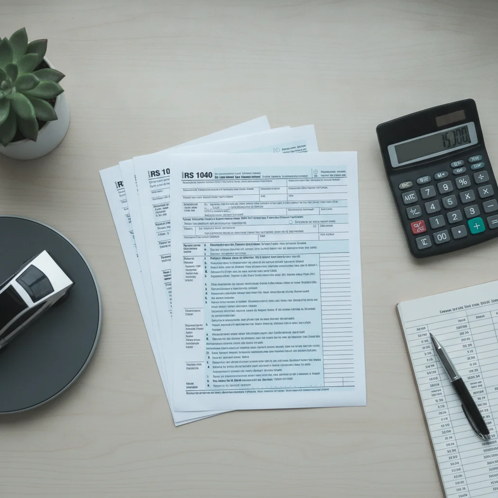 Tax documents and calculator on a desk next to a small electric vehicle model