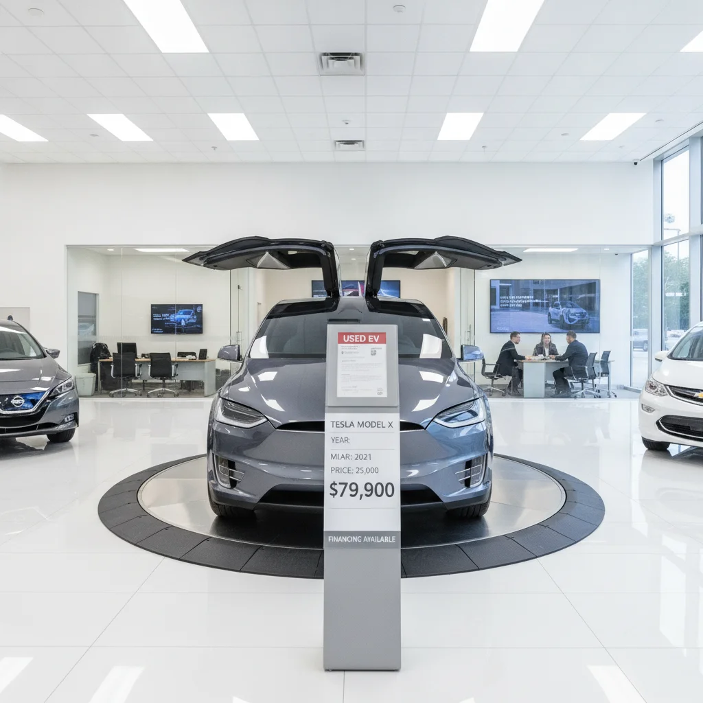 Used electric SUV displayed inside a dealership showroom with a price tag attached