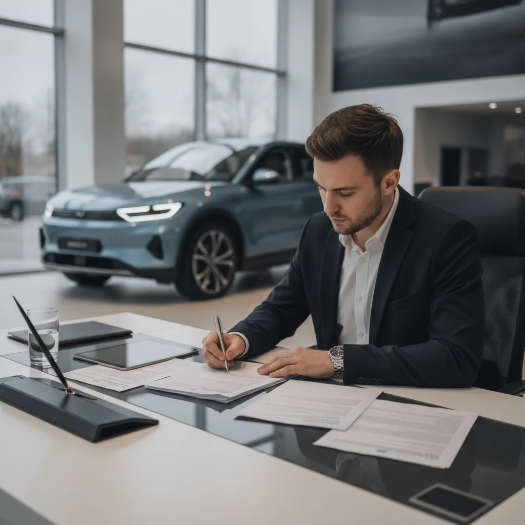 Person reviewing and signing car purchase paperwork at a dealership desk with an EV visible outside