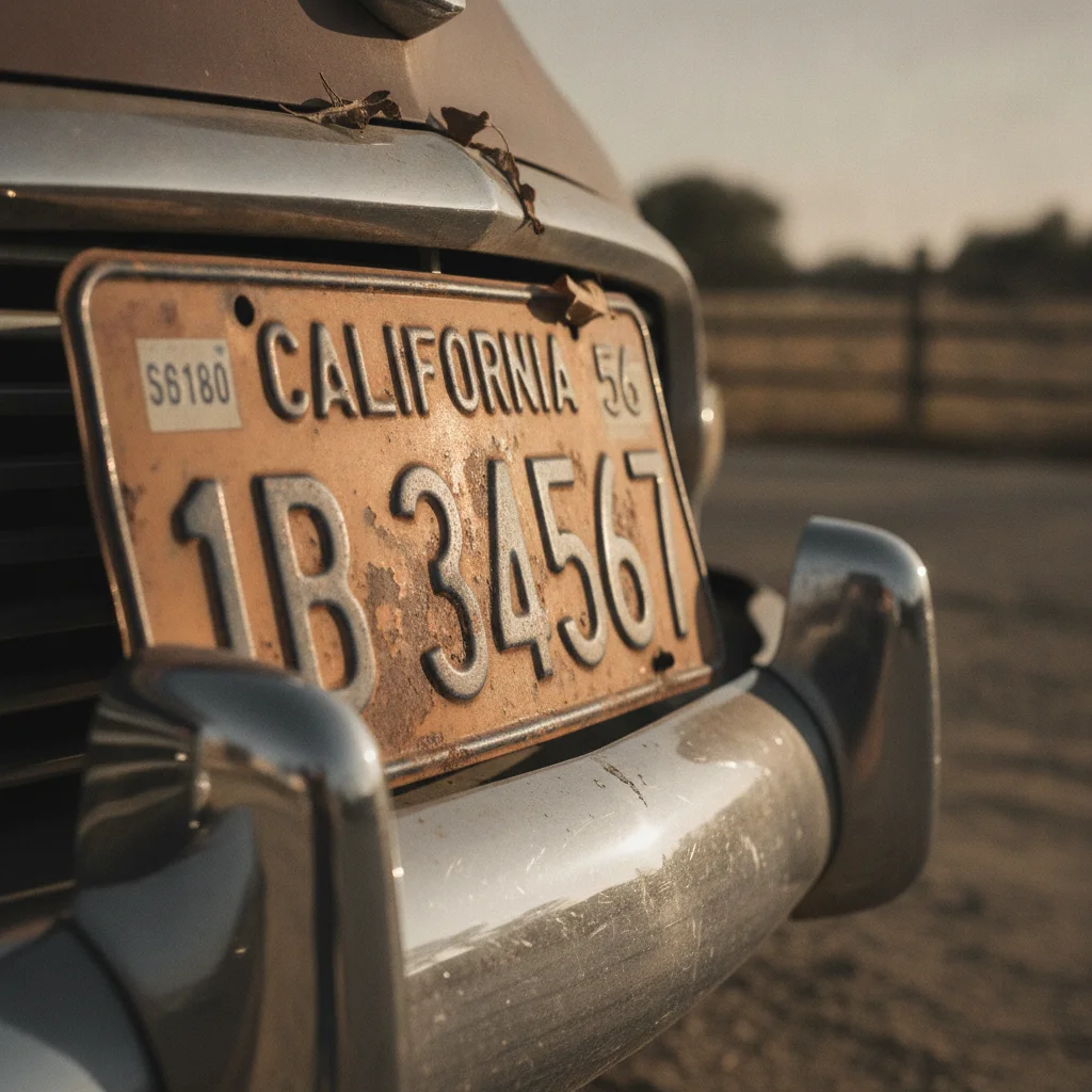 Close-up of a vintage antique license plate mounted on a classic car's chrome bumper