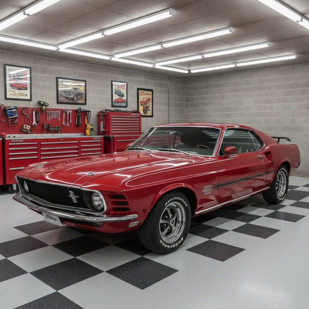 A fully restored 1960s muscle car stored inside a private garage with tools and cabinets visible