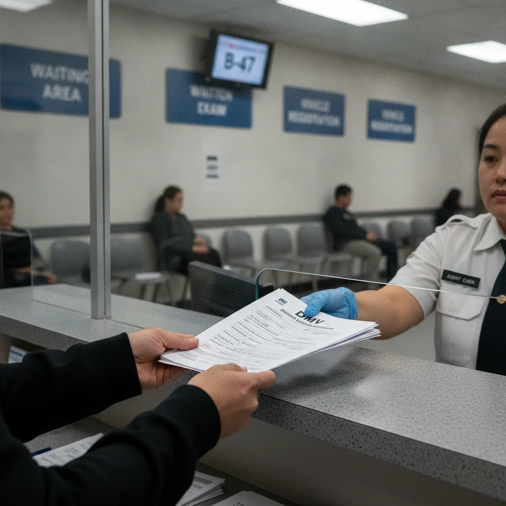 A vehicle owner submitting registration paperwork at a DMV service counter