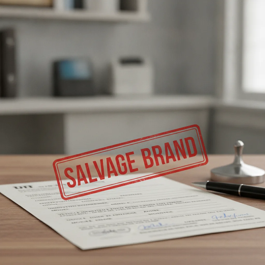 Close-up of a vehicle title document with a red salvage brand stamp clearly visible
