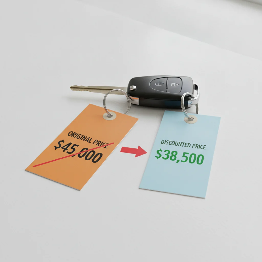 Two price tags on car keys showing a significant price difference between clean and salvage title values