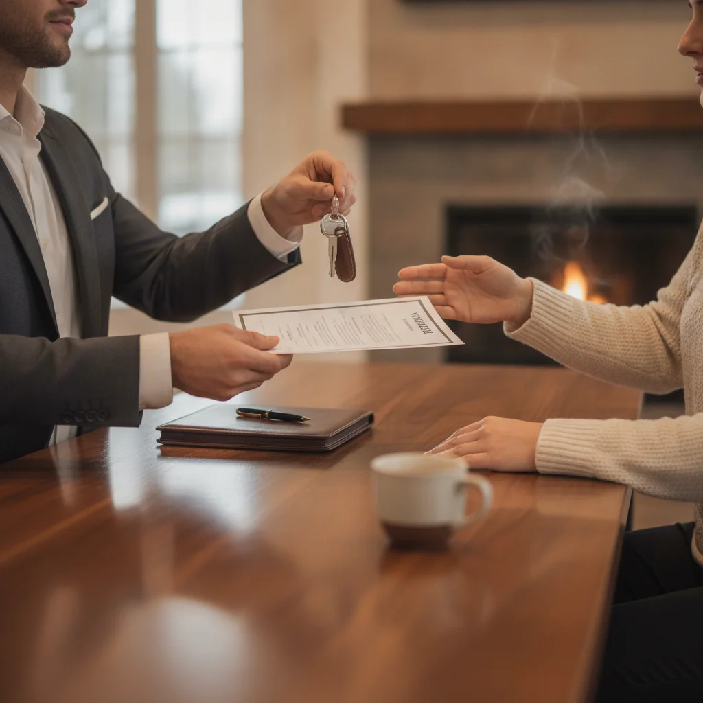 Vehicle seller handing keys and title paperwork to a buyer across a desk during a car sale transaction