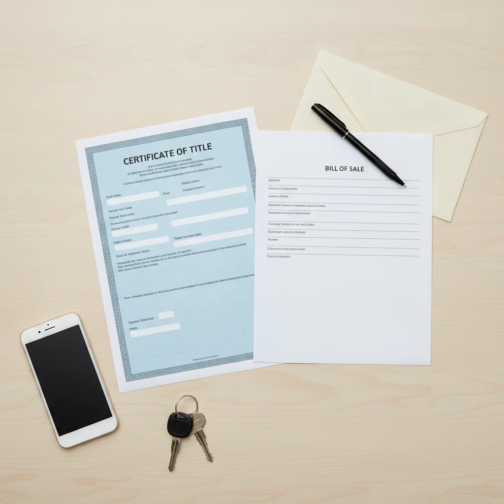 Overhead view of vehicle title, bill of sale, and pen arranged on a table