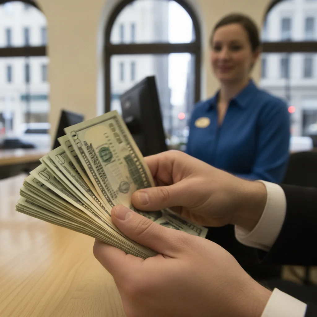 Hands counting cash bills at a bank teller counter during a transaction