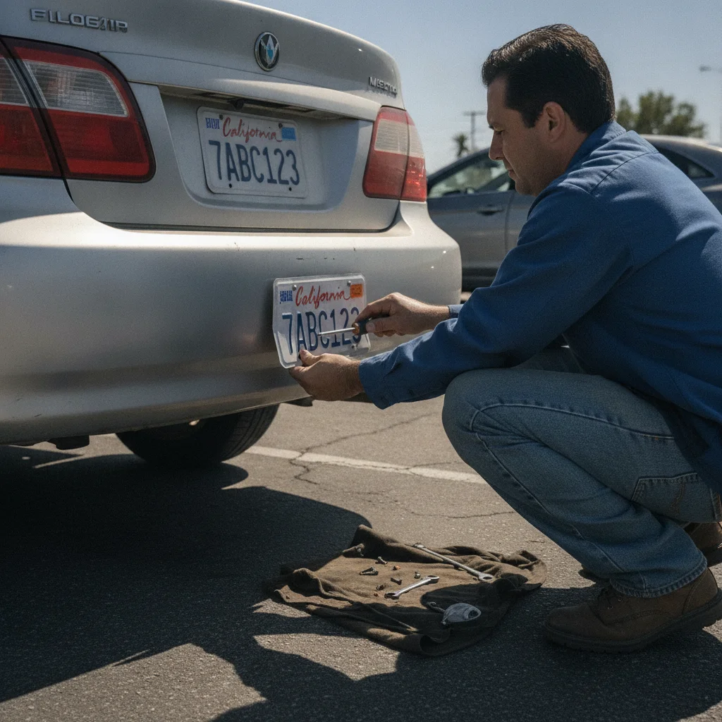 Person unscrewing a license plate from the rear bumper of a car in a parking lot