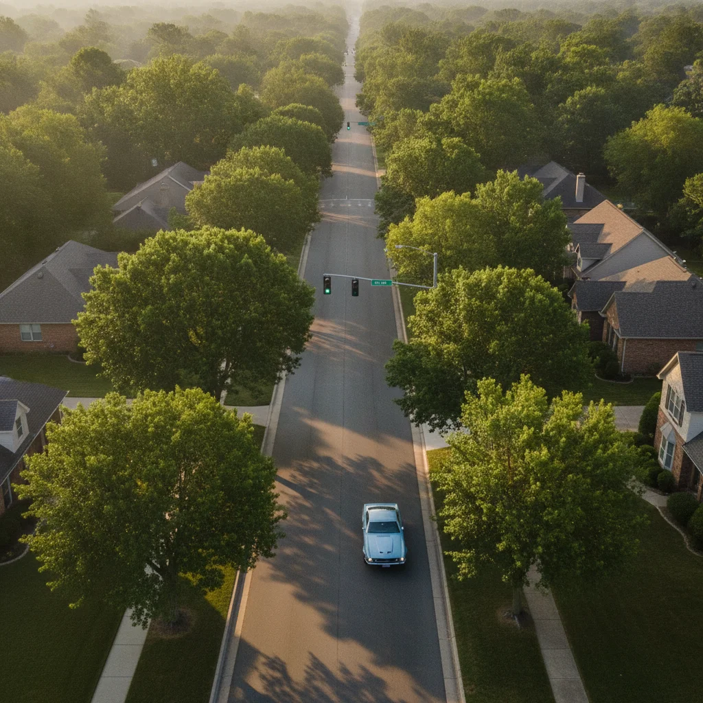 Overhead view of a car coasting smoothly toward a traffic light on a quiet suburban road