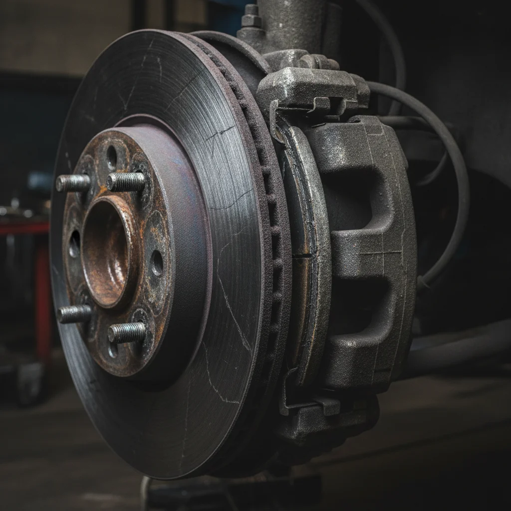 Close-up of a worn brake rotor showing heat scoring from repeated hard braking