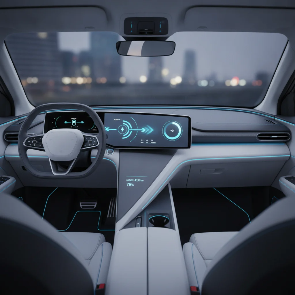 EV dashboard display showing regenerative braking energy recovery and battery charge level