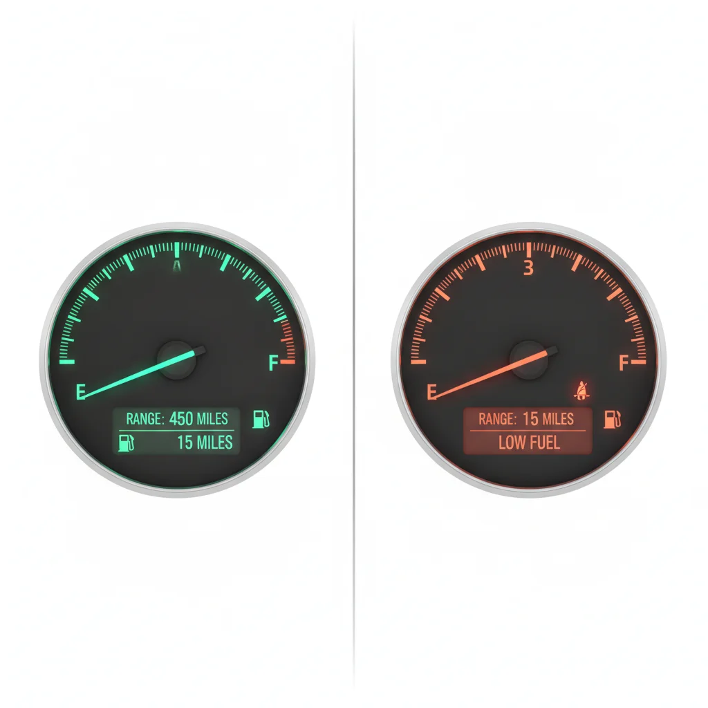 Split image comparing a nearly full fuel gauge and a nearly empty fuel gauge side by side