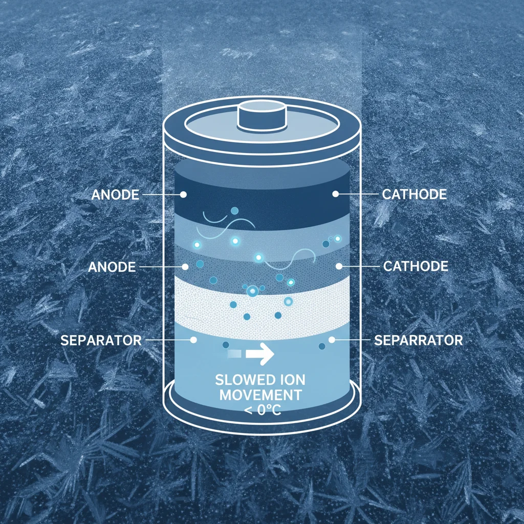 Diagram illustrating how cold temperatures slow lithium-ion battery chemistry and reduce energy output in electric vehicles