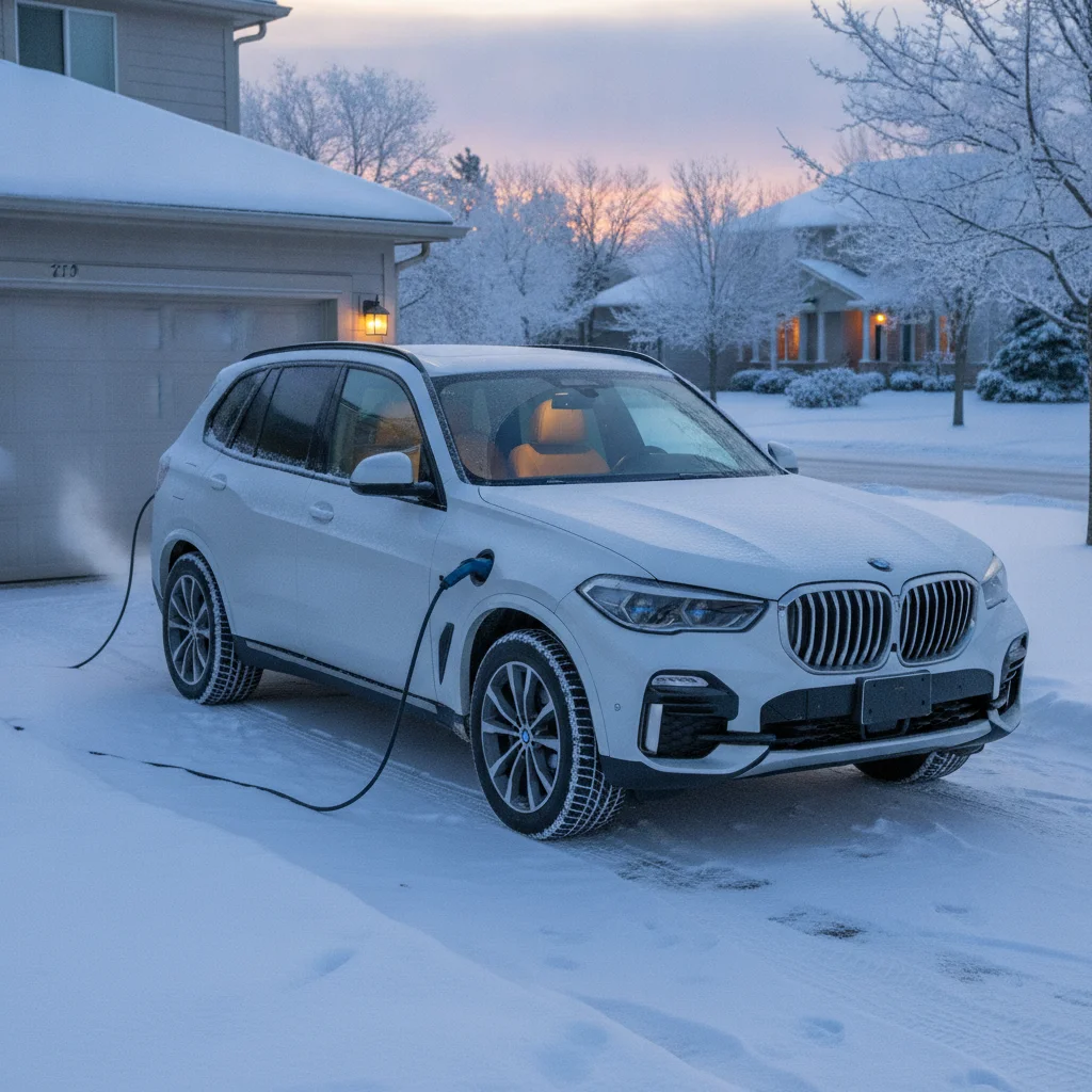 A plug-in hybrid SUV plugged into a home charger on a snowy winter morning with engine running for cabin heat