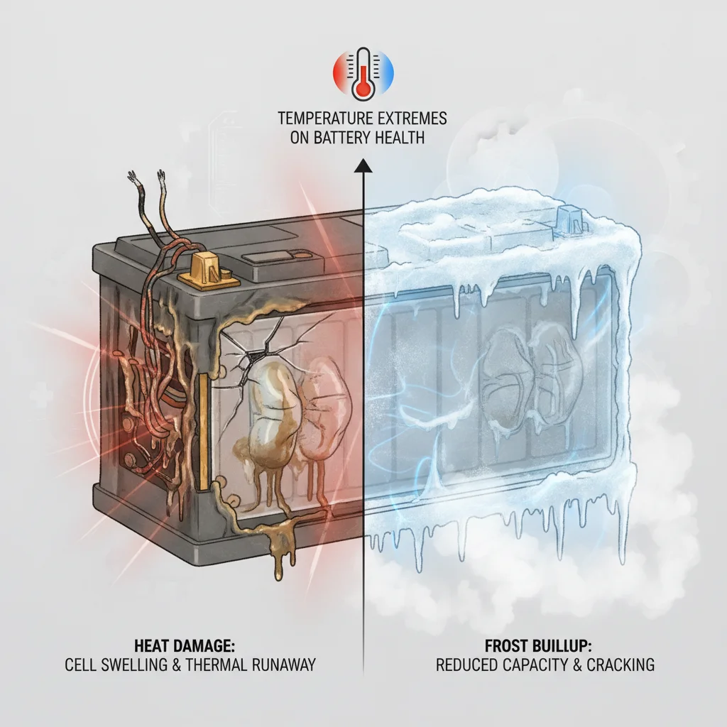 Comparison illustration showing battery damage from heat versus cold temperature exposure in electric vehicle packs