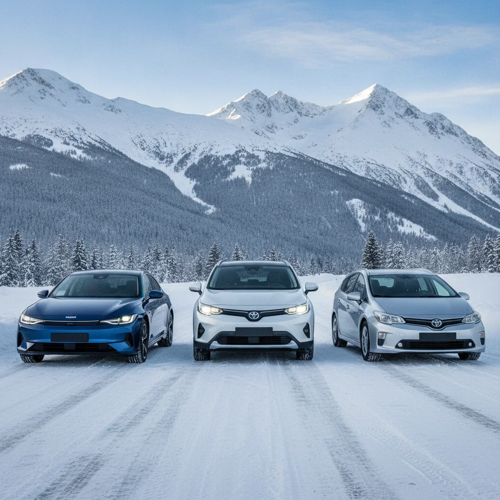 Three electrified vehicles — BEV sedan, PHEV crossover, and HEV wagon — parked on a snow-covered mountain road in winter