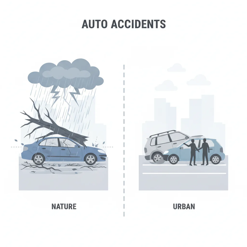 Split illustration comparing comprehensive damage from fallen tree versus collision damage from a fender-bender
