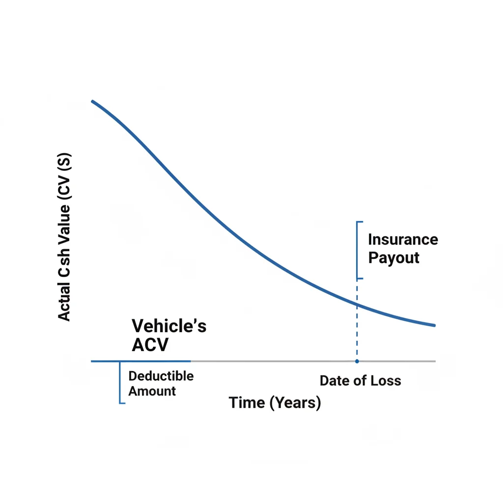 Depreciation curve diagram showing how actual cash value declines over vehicle age with deductible and payout labeled