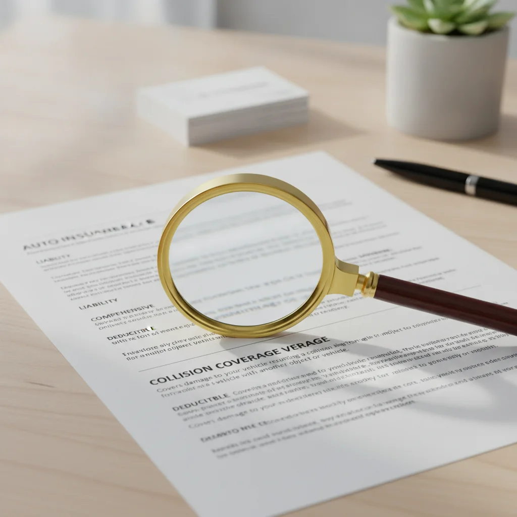 Magnifying glass over the collision coverage section of an auto insurance policy document