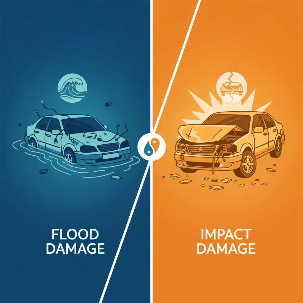 Side-by-side comparison of a flooded car covered by comprehensive and a crash-damaged car covered by collision insurance