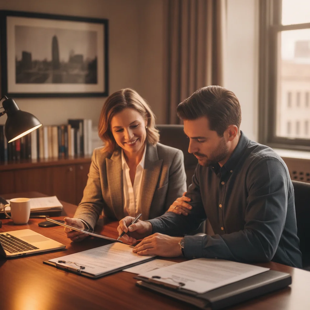Insurance agent reviewing collision coverage policy documents with a car owner at an office desk