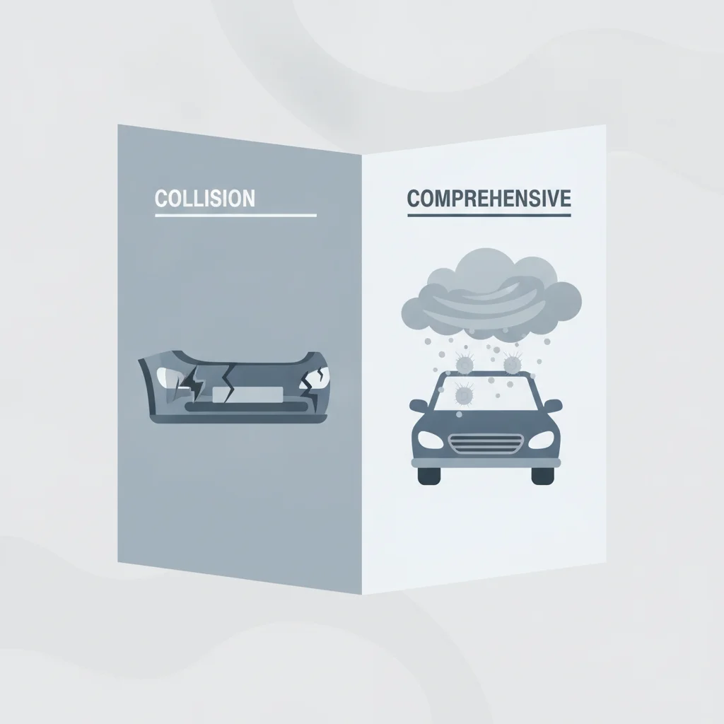 Illustrated split showing collision damage on one side and comprehensive weather damage on the other.