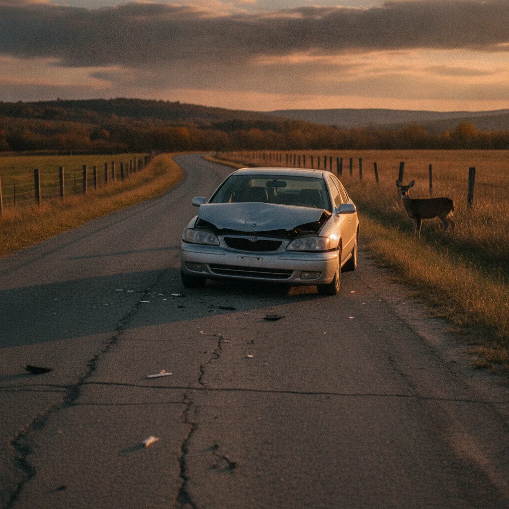 Car with front-end damage stopped on a rural road at dusk with a deer visible in the background.
