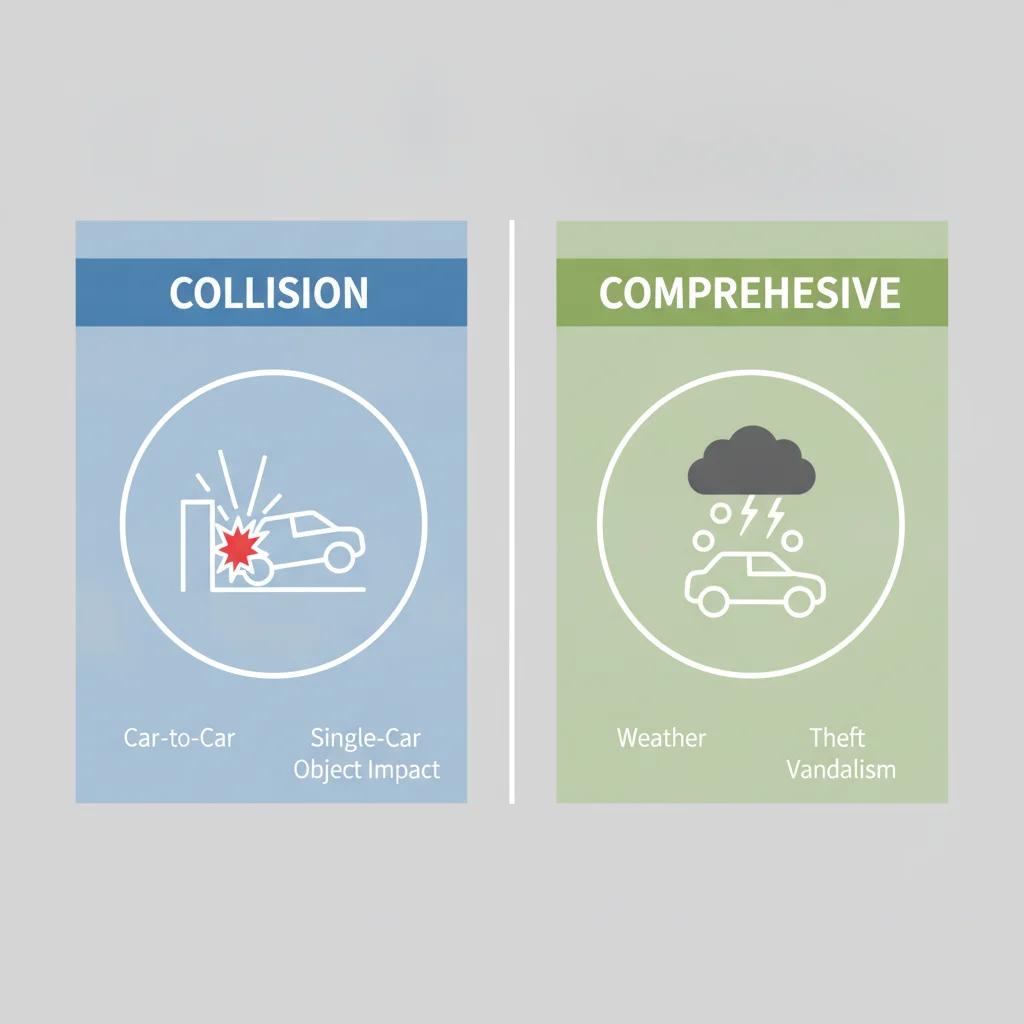 Diagram comparing collision damage triggers versus comprehensive damage triggers with vehicle icons