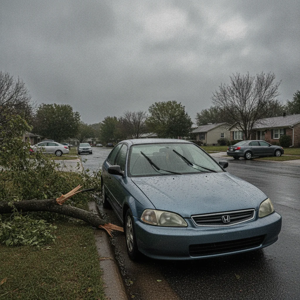 Car with visible hail dents on hood and a fallen tree branch beside it after a storm