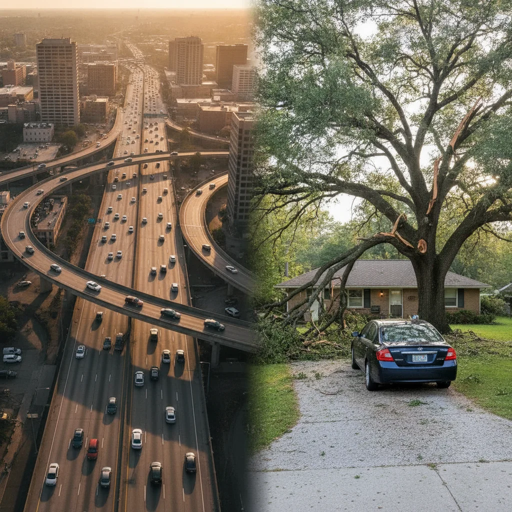 Urban highway representing collision risk compared to residential driveway representing comprehensive risk like hail or theft